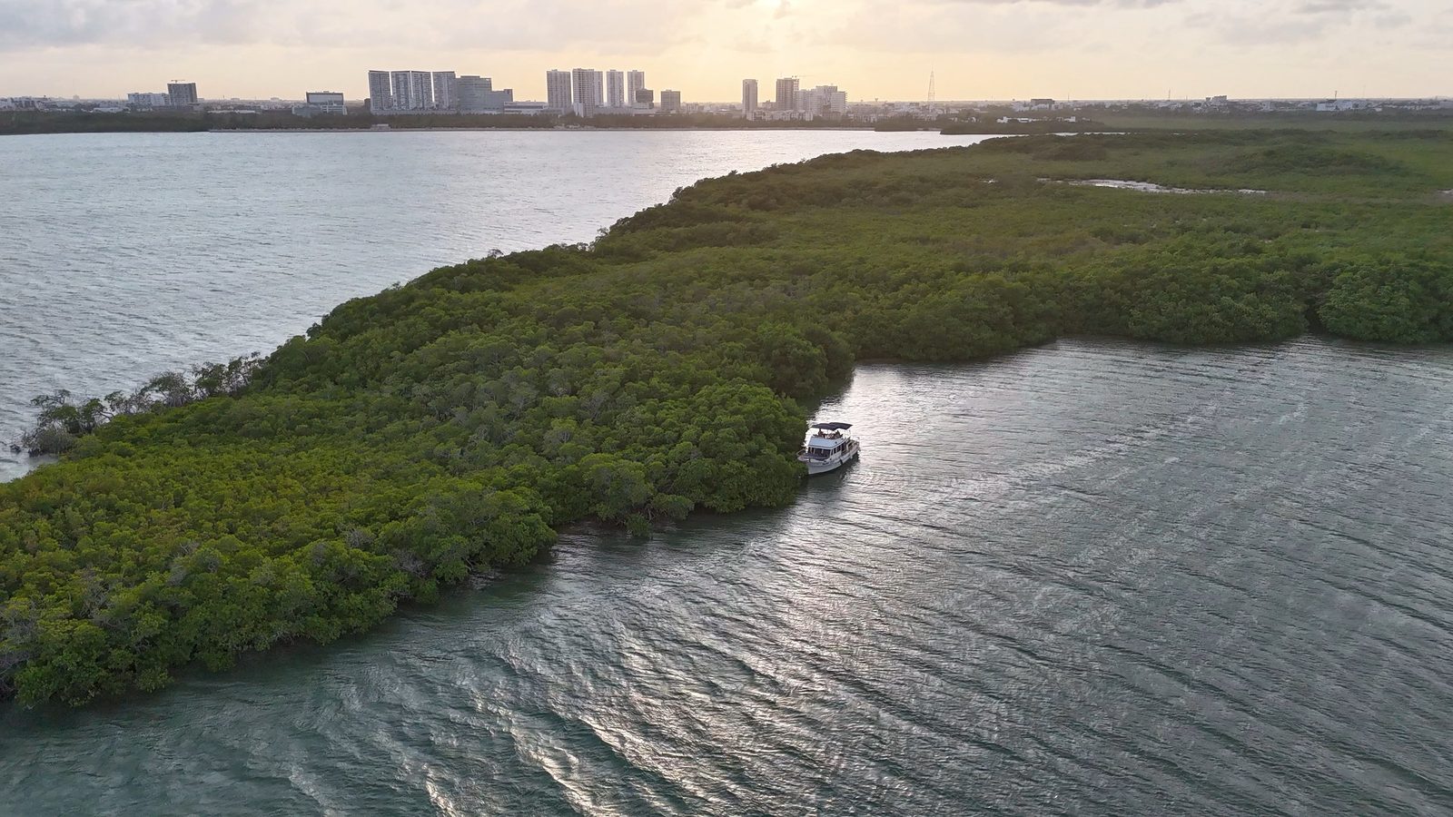 Panorama of the Nichupté mangroves with the Cancun skyline beyond