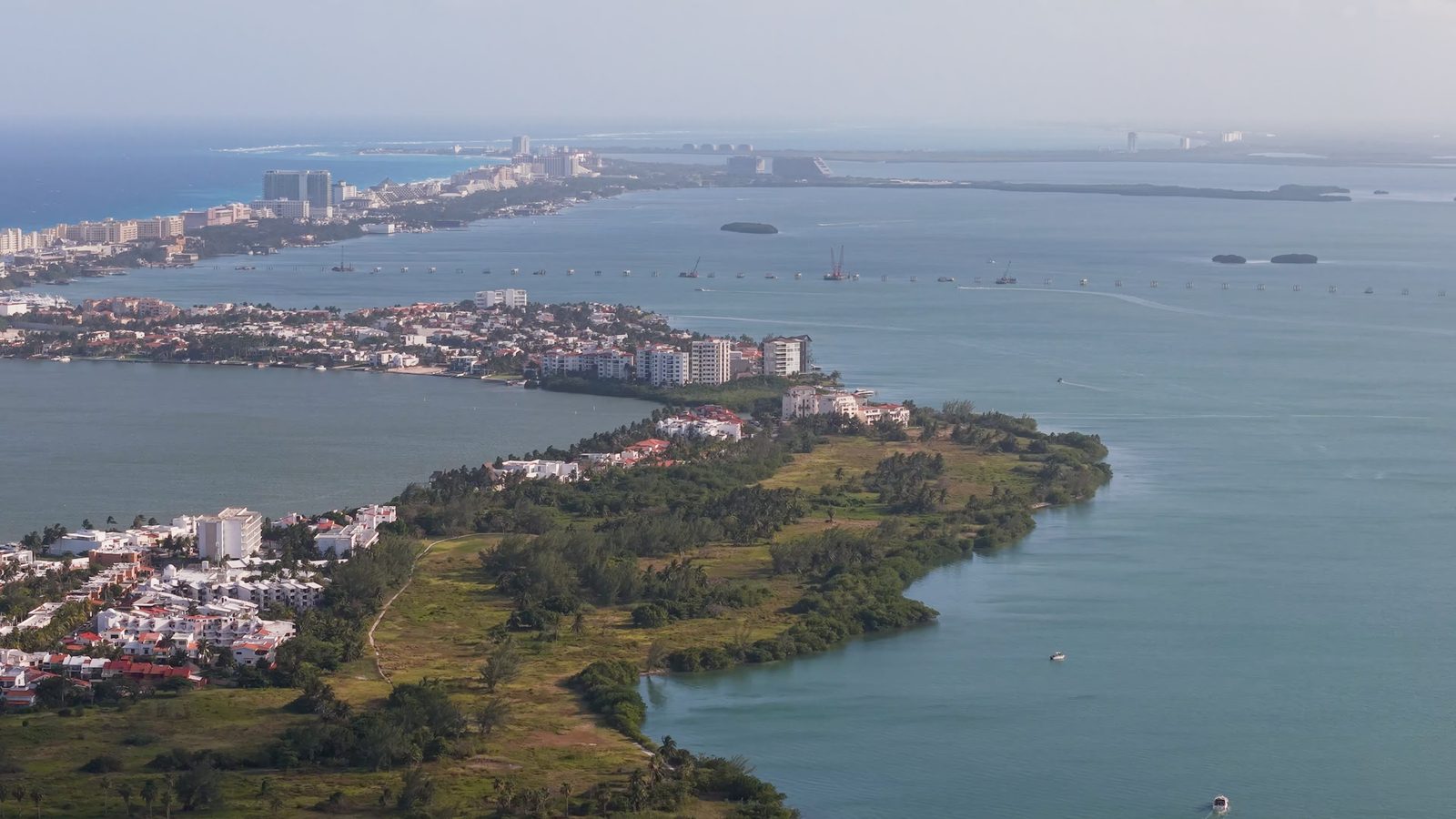 Aerial view over Laguna Nichupté toward the Cancun Hotel Zone