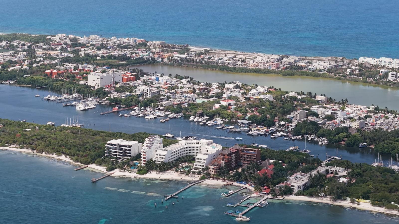 Aerial view of Isla Mujeres with Laguna Macax and the island's western shore