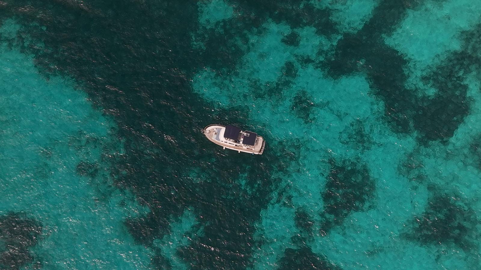 Top-down view of the Tafil anchored over seagrass and sand patches in turquoise water