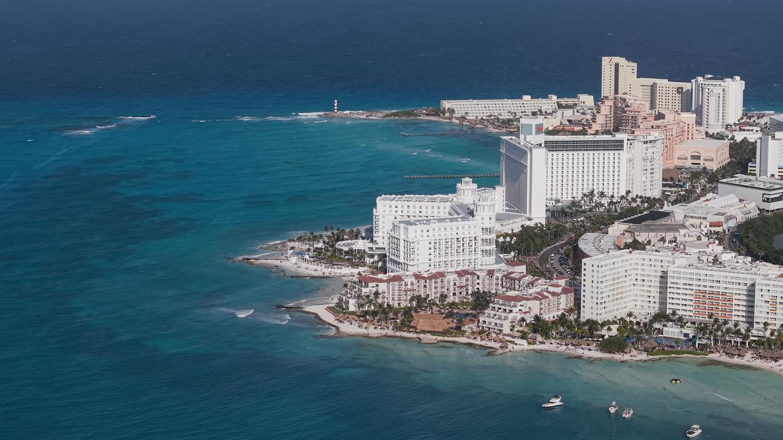 Aerial view of the Punta Cancún point where the bay meets the open Caribbean