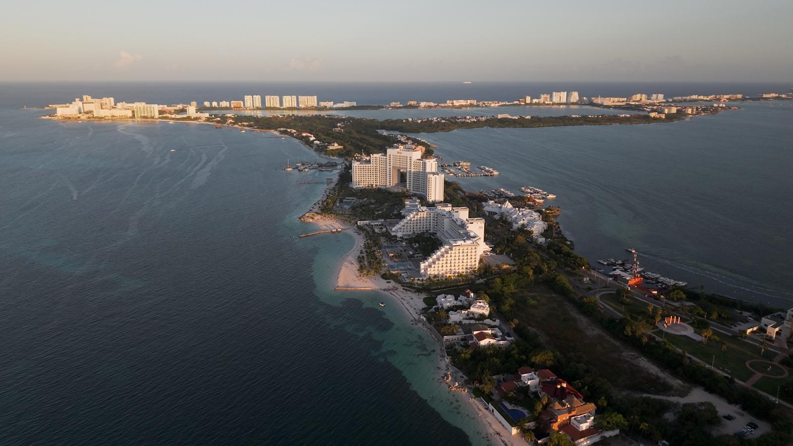 Aerial view of Punta Cancún and the sandbar at sunset