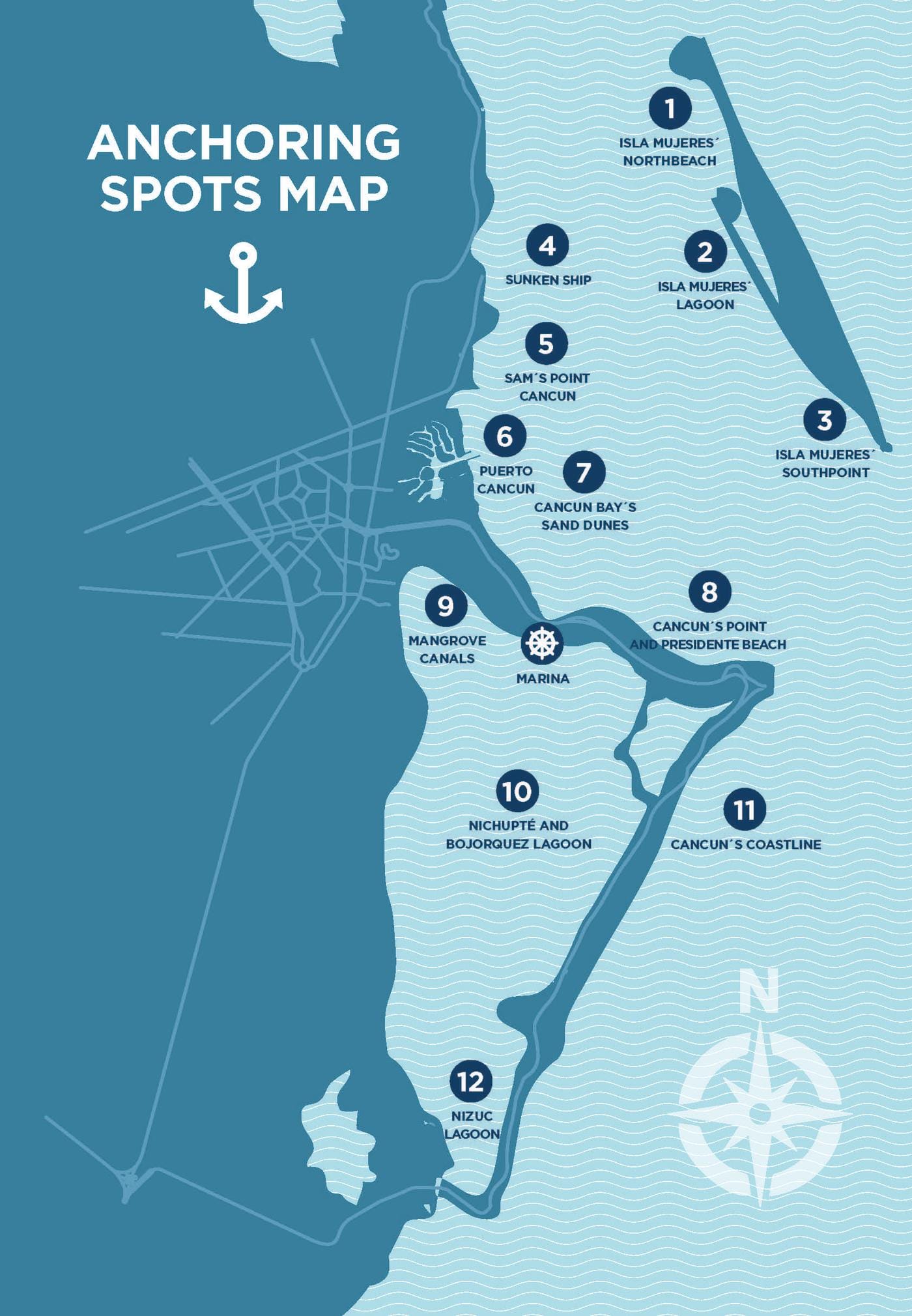Anchoring spots map of Cancún and Isla Mujeres